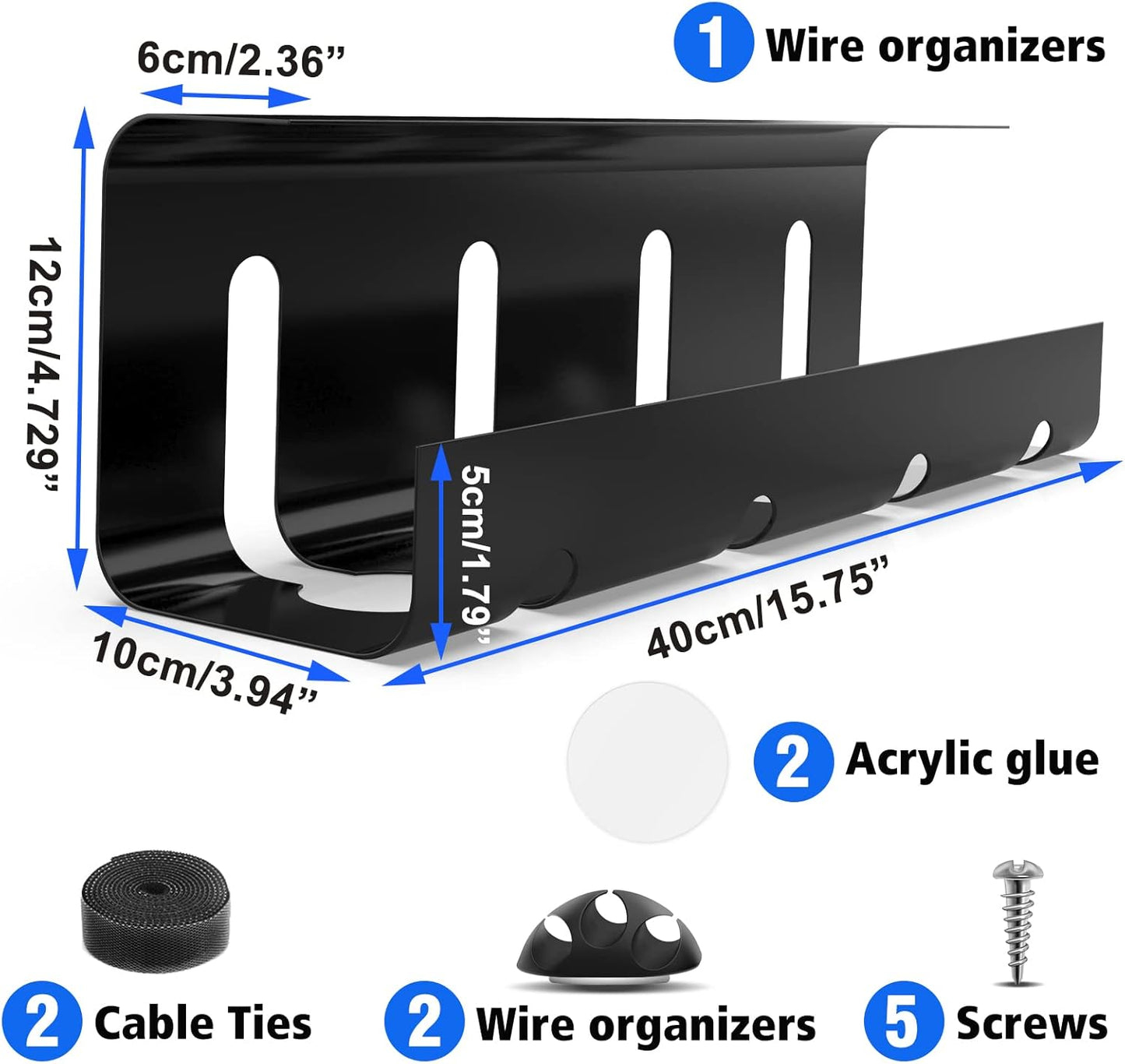 Under Desk Cable Management Tray, No Drill 2 x 15.7 in Steel Tray With Wire and Cord Organizer, 2Pack Black Cable Raceway for Cords