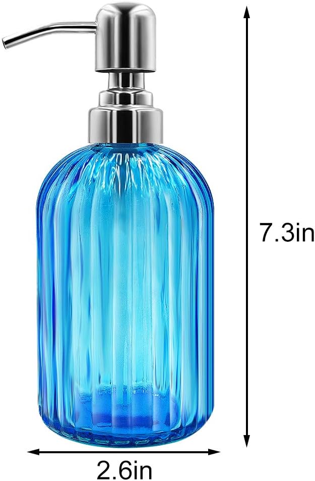 Soap Dispenser - 2 Pack 14 Oz Glass Soap Dispenser with Rust Proof Stainless Steel Pump, Refillable Liquid Bottle Dispenser, Premium Hand Jar Dispenser for Bathroom, Kitchen, Countertop (Blue)
