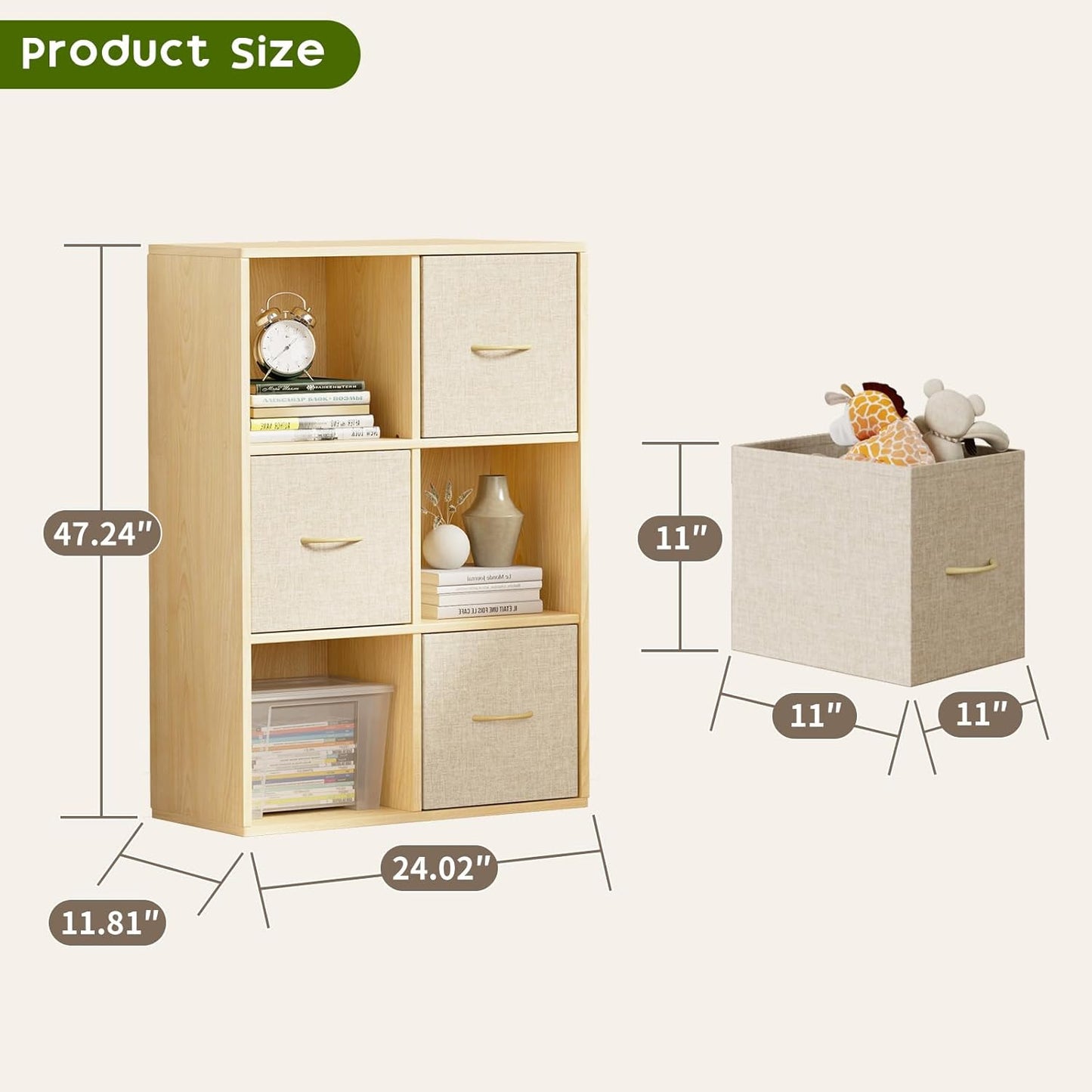 6 Cube Storage Organizer - Solid Wood Bookshelf with 3 Storage Bins, Cube Shelf with 2 Removable Back Panels, Vertical or Horizontal Bookcase, Open Book Shelf for Bedroom, Living Room, Office