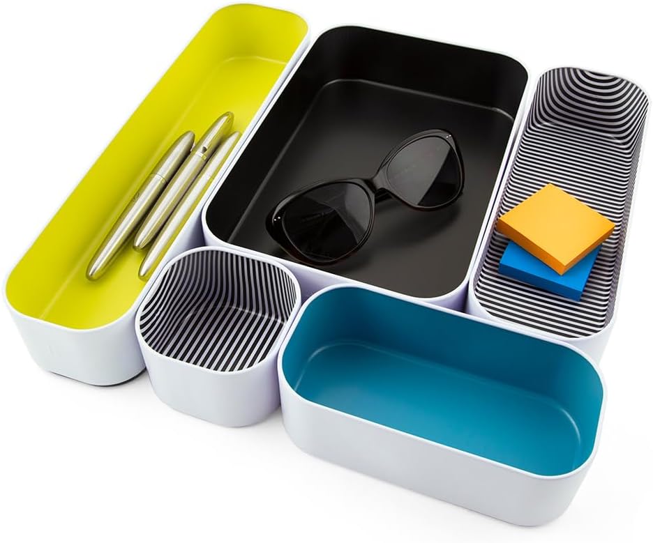 Three by Three Seattle 5 Piece Metal Organizer Tray Set for Storing Makeup, Stationery, Utensils, and More in Office Desk, Kitchen and Bathroom Drawers (2 Inch, Assorted Colors, Stripes)