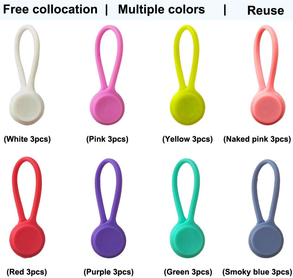 Reusable Magnetic Ties with Strong Magnet for Bundling and Organizing Cables,Headphone Cables,USB Charging Cords,Hanging & Holding Keychain,Silicone Cord Winder Magnetic Cable Clips 8 Colors - 24 Pack