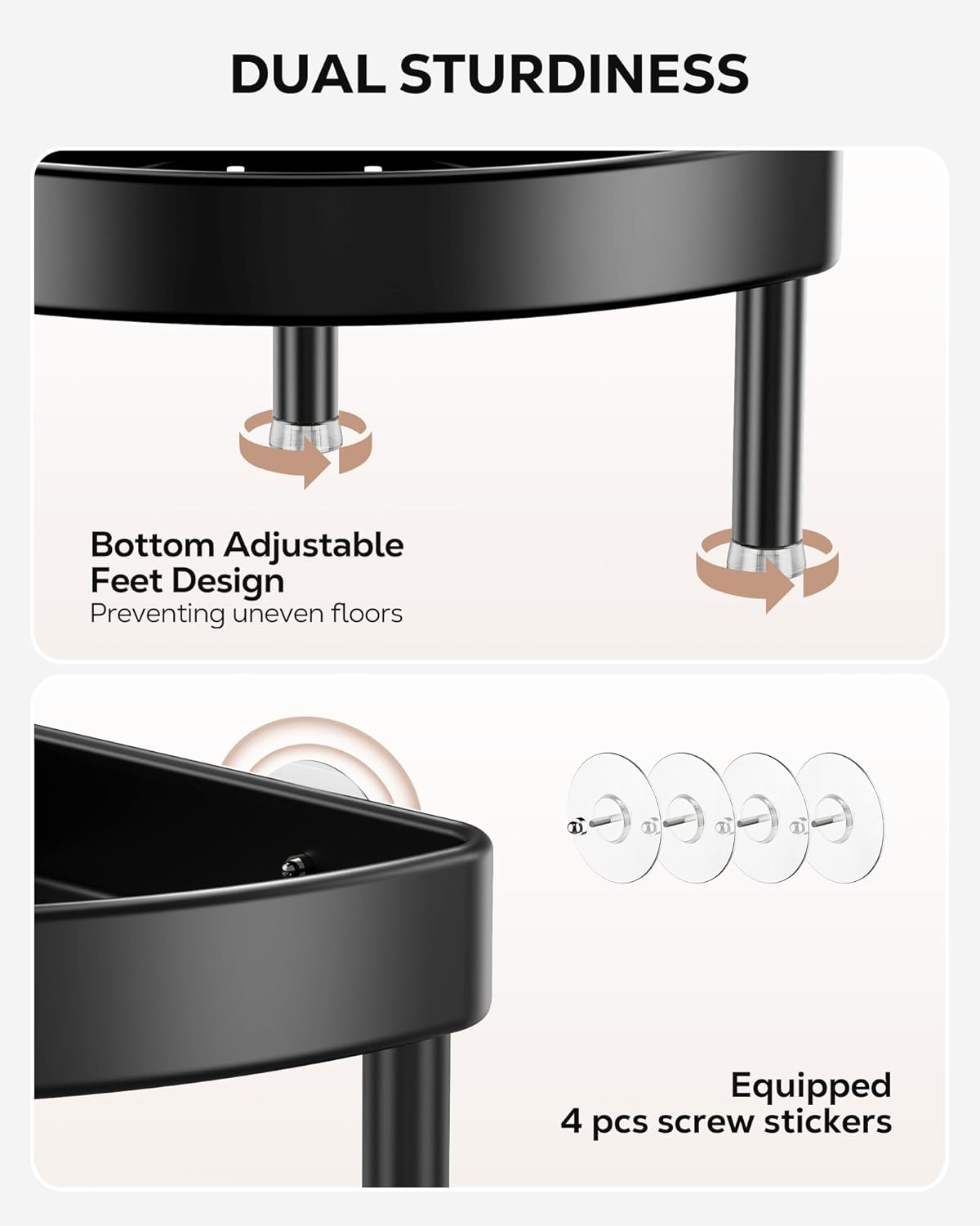 Nieifi Corner Shower Caddy Stand-4 Tier Rustproof Anodized Aluminum Standing Shower Organizer-Shower Caddy Corner-Dual Stability to Anti-Shaking-Height-Adjustable Legs for Uneven Surfaces-Black