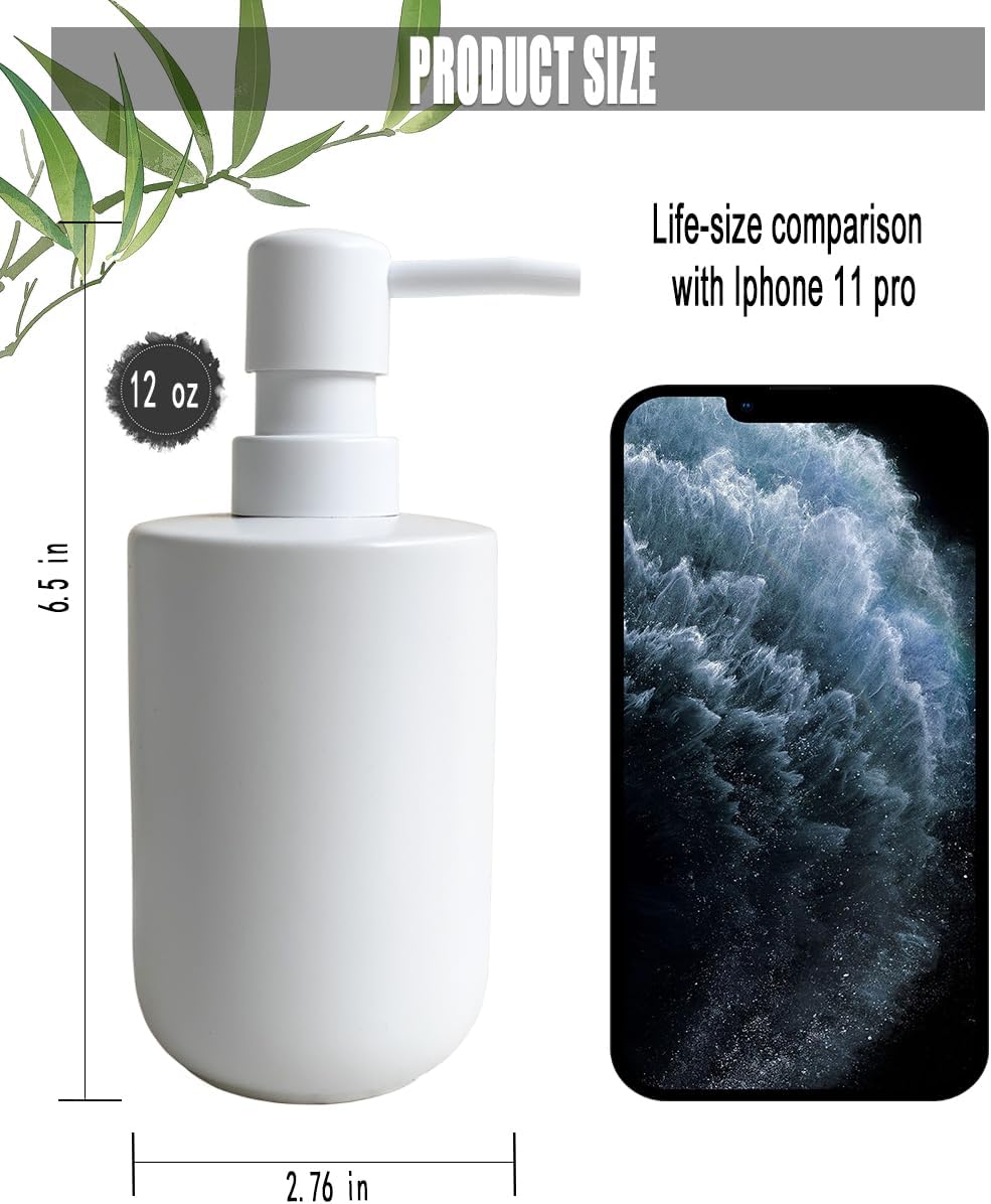 Ceramic Hand Soap Dispenser with Plastic Pump - Simple Style, White Cylindrical Soap Dispenser for Bathroom and Kitchen