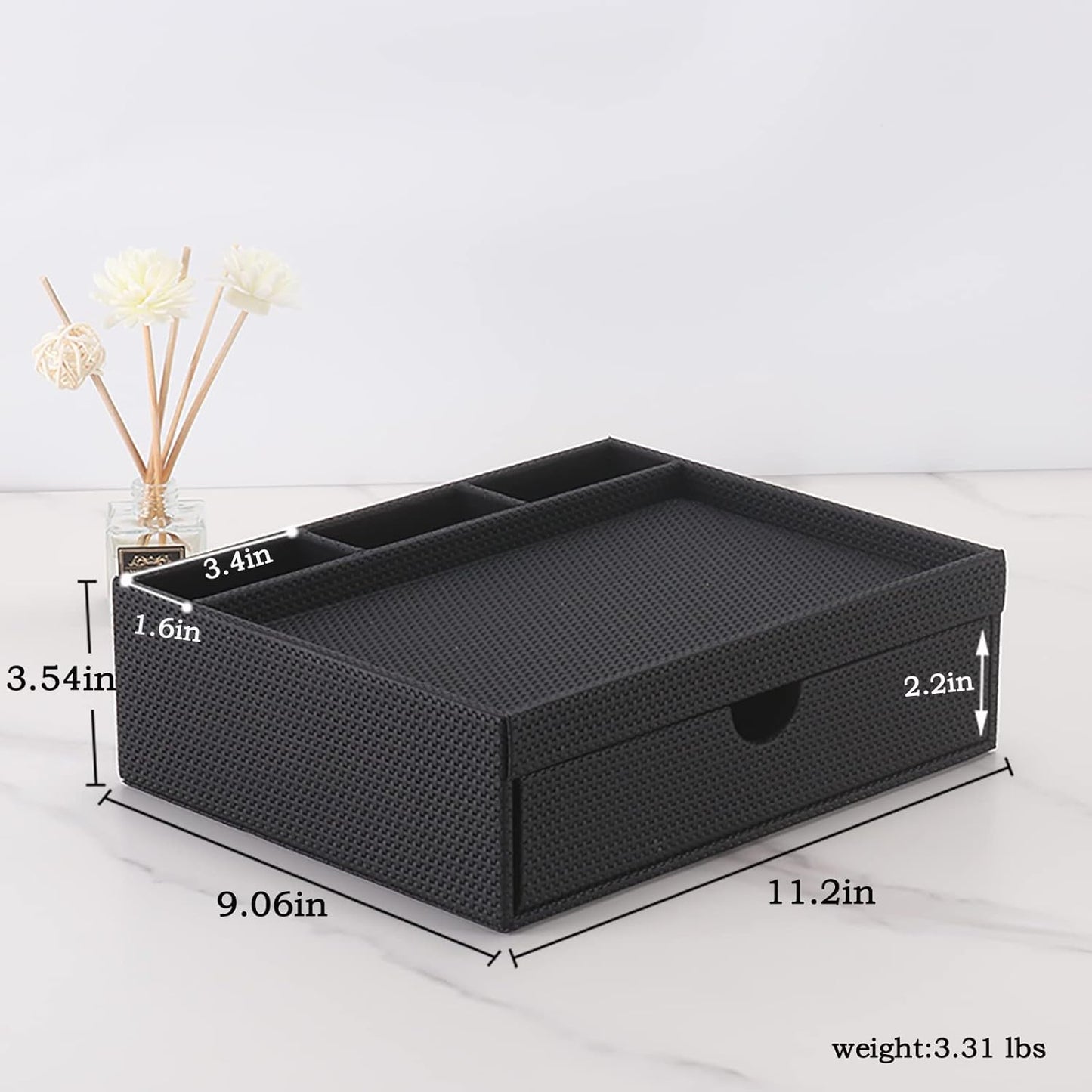 Leather Desk Organizer With Drawers, Home Cosmetics Organizer, Phone Remote Organizer, Drawer Plus Divider & Tray (black)