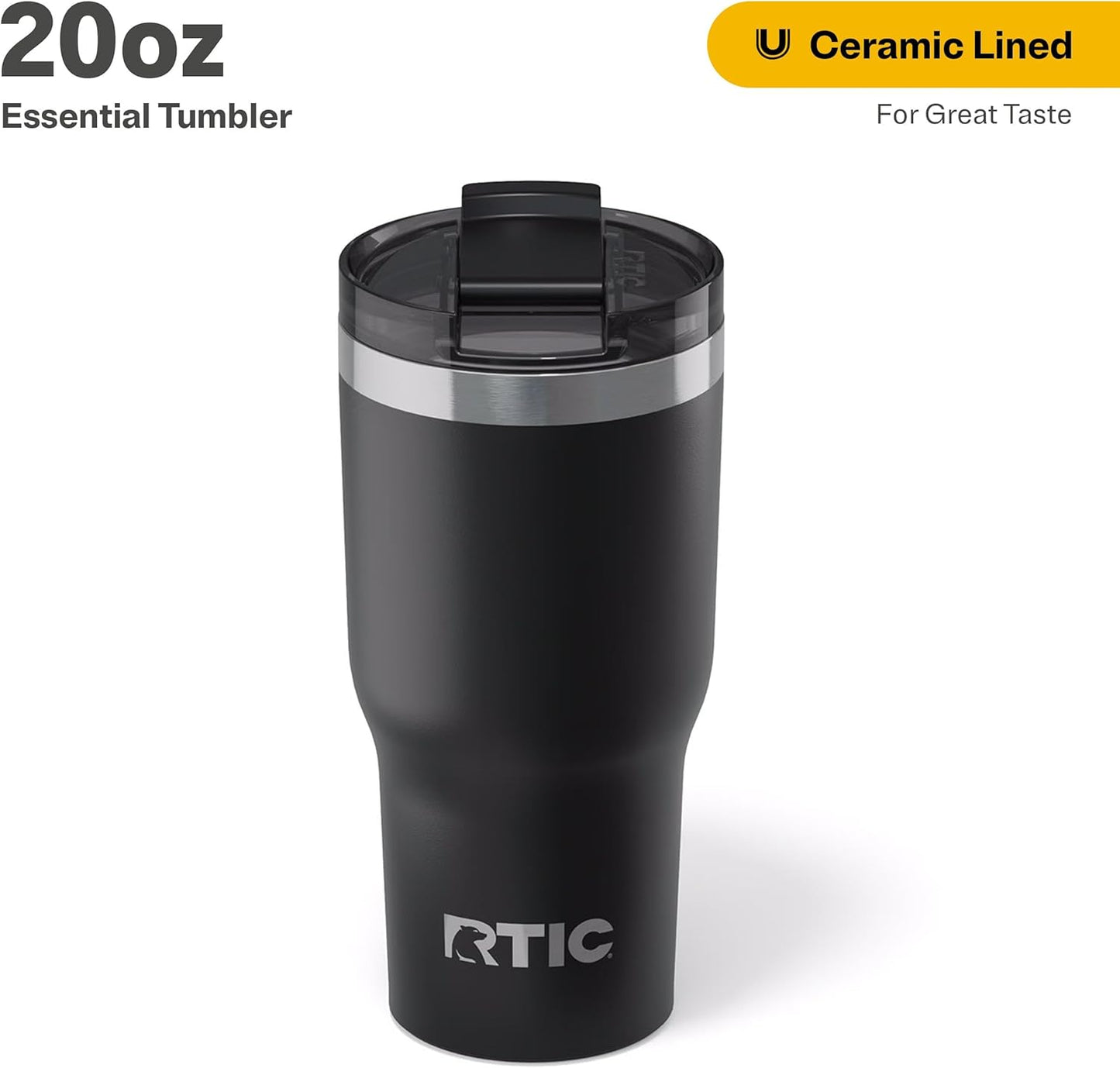 RTIC 20oz Essential Tumbler with Lid, Ceramic Lined, Insulated, Stainless Steel, Metal, Double Wall Vacuum-Insulation, Travel Cup for Iced Coffee, Tea, Hot and Cold Drink, Black