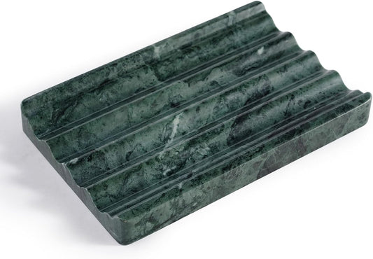 Marble Soap Dish, Soap Holder for Shower, Green Bar Soap Holder with Water Ripple Design, Easy Cleaning Stone Soap Saver for Kitchen Sink，Bathroom, Executive Indian Natural Stone Soap Tray