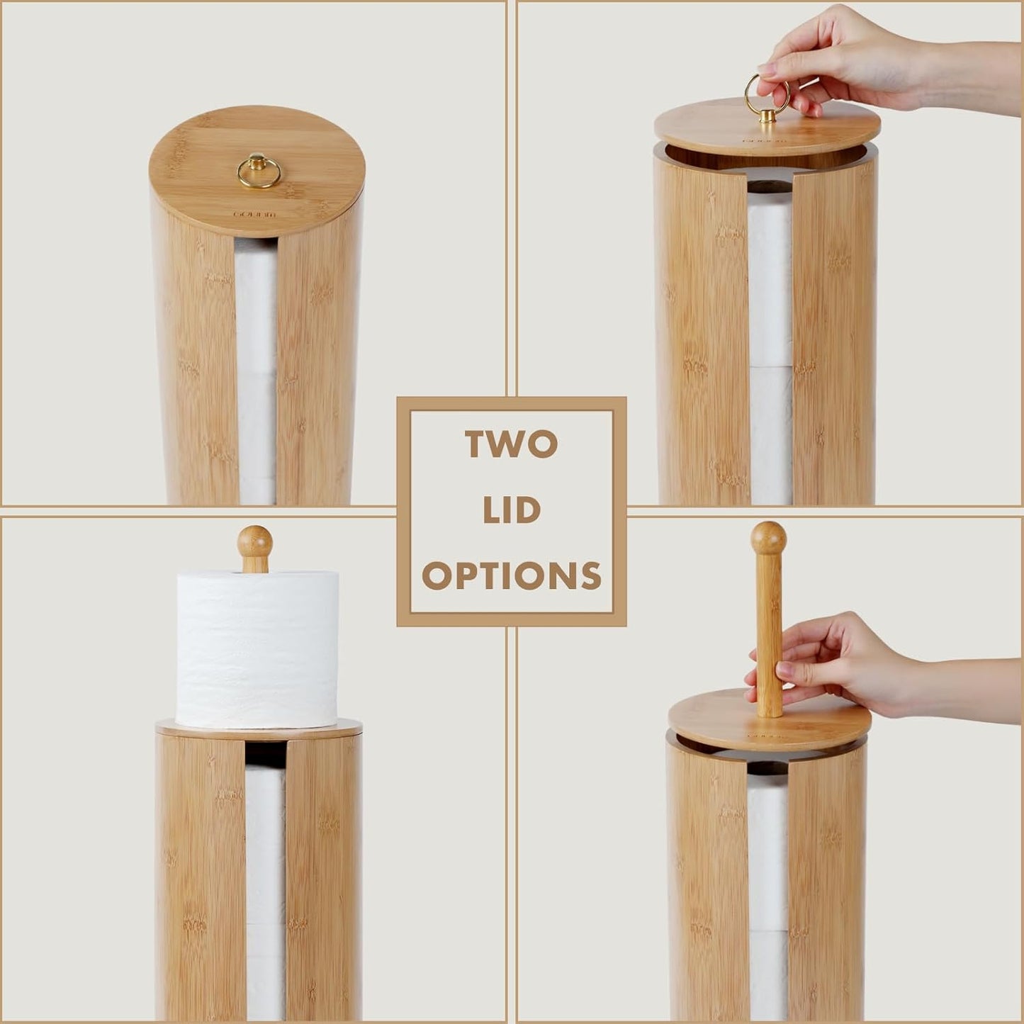 Gobam Bamboo Toilet Paper Storage with Dual-Use Lid, Freestanding Bathroom Tissue Organizer with Viewing Slot, Built-In Handle, Anti-Slip Base, Compact Toilet Paper Holder Stand for up to 3 Mega Rolls