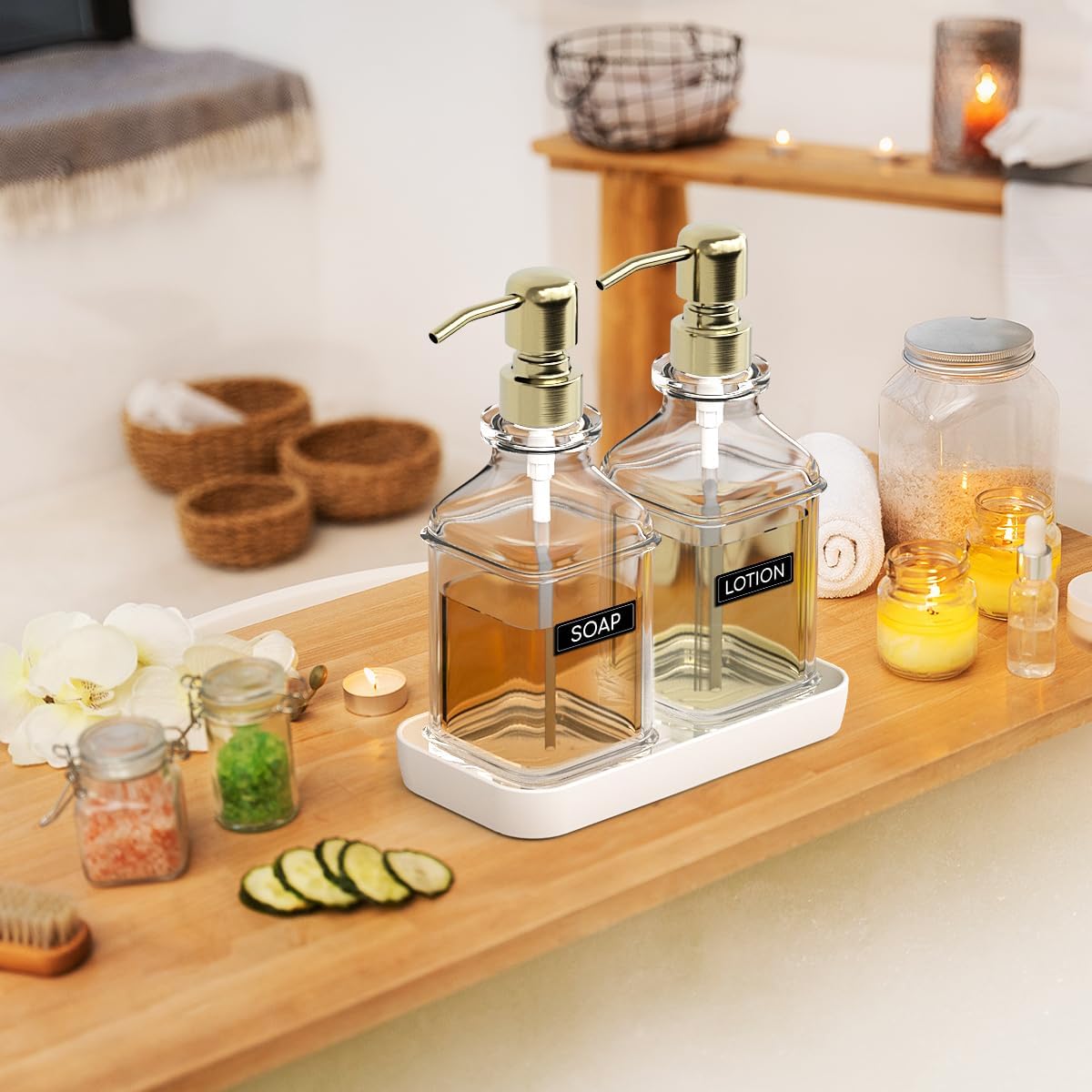 Soap Dispenser - 2 Pack, Antique Design Thick Glass Hand Soap Dispensers with Sturdy Tray; 304 Rust Proof Stainless Steel Pump, 12Pcs Stickers, for Kitchen, Bathroom