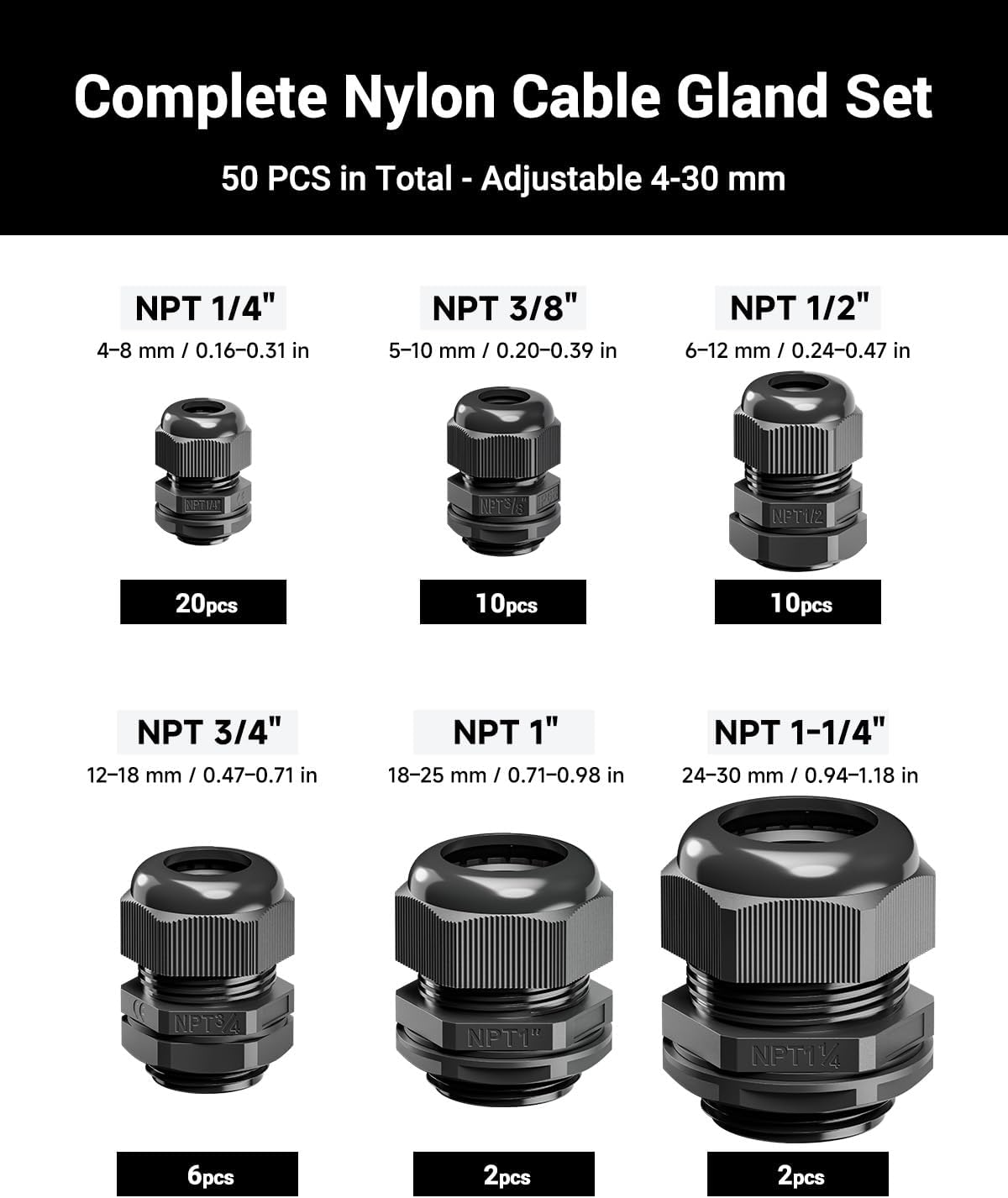 VCELINK Cable Gland Kit Nylon Waterproof, 50pcs IP68 Cord Grip Connectors, NPT1/4", 1/2", 3/4", 1", 1-1/4" Wire Entry, Strain Relief Wire Grommets, Black