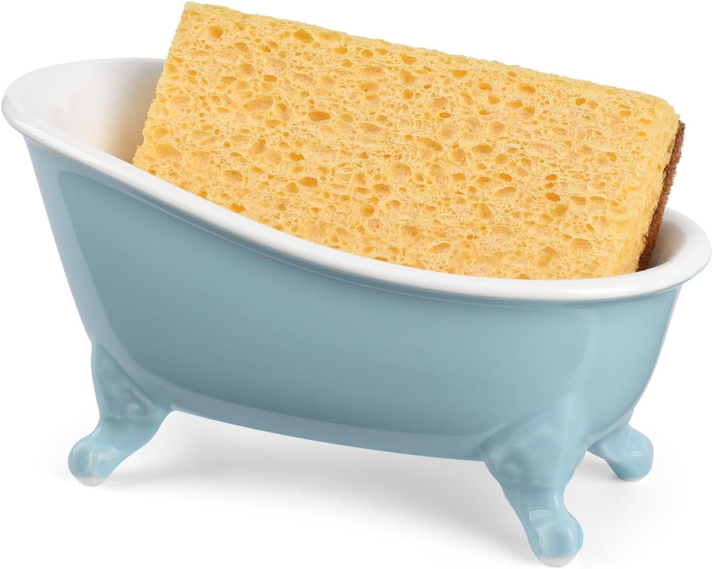 6.1" Vintage Ceramic Mini Decorative Clawfoot Bathtub Bar Soap Dish, Kitchen Sponge Holder and Shower Tray for Bathroom, 1 Pack (Baby Blue)