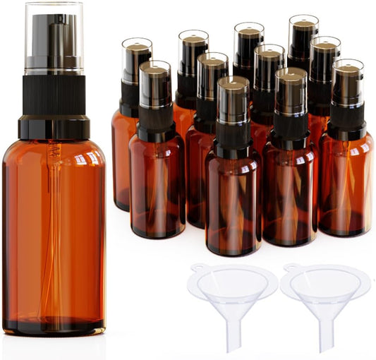 12Pack 1oz Amber Glass Pump Bottles, 30ml with Black Pump, Empty Refillable Travel Small Container For Lotion Cream Essentil Oil Shampoo (1oz)