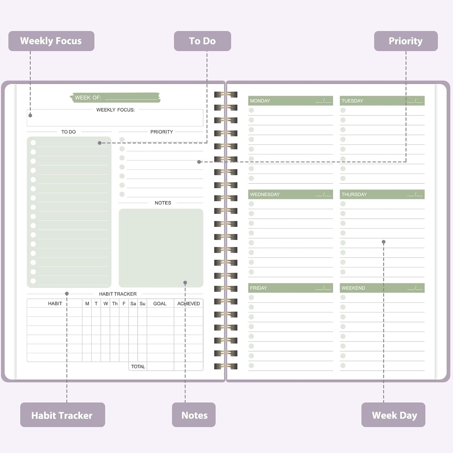Undated Weekly Planner, Weekly To Do List Notebook with Goal, Organizer & Habit Tracker, A5 Daily Planner with Spiral Binding, Ideal for Office School Suppies (Purple)