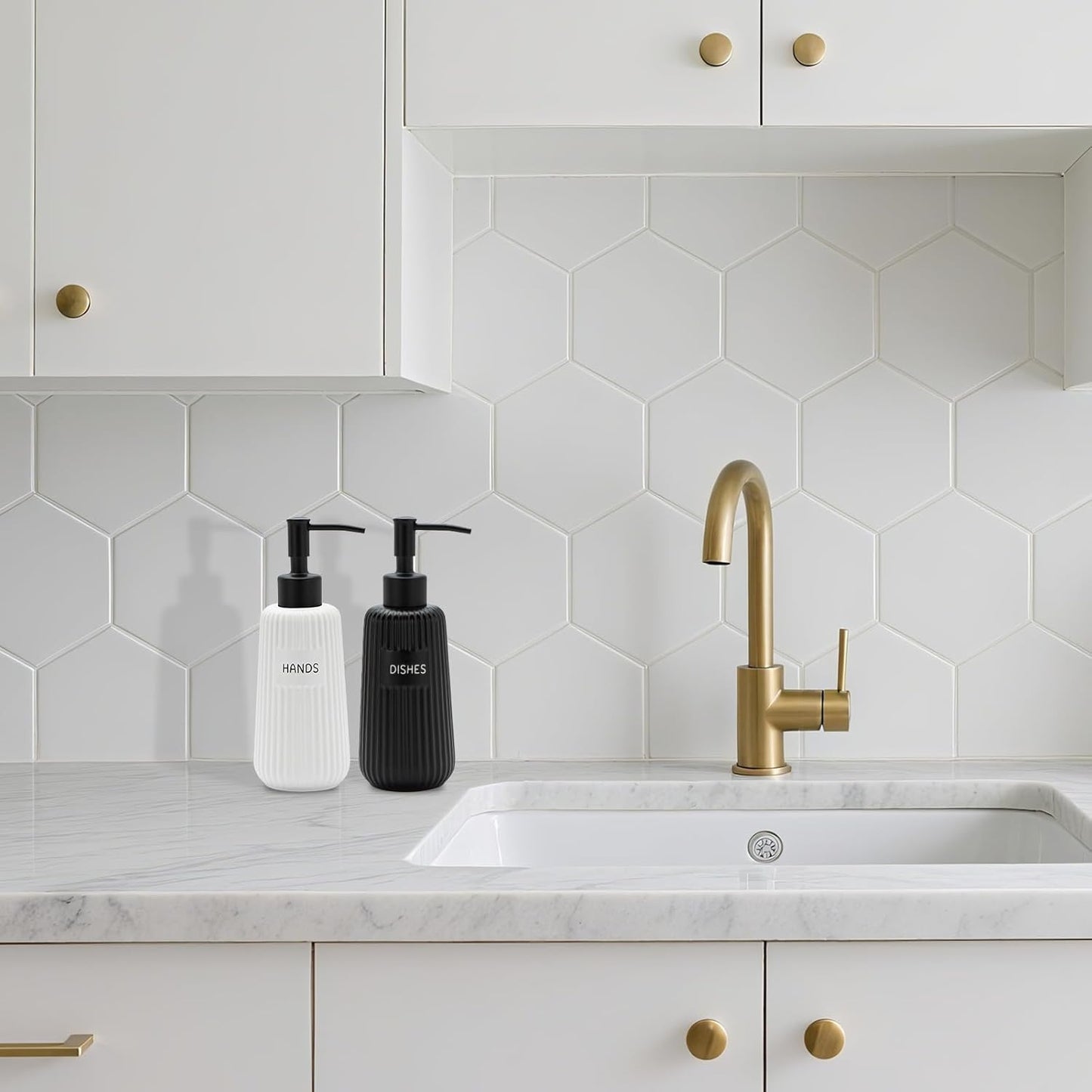 Kitchen Soap Dispenser Set with Stainless Steel Pump and Funnel, Modern Ceramic Refillable Hand and Dish Soap Dispenser Set for Kitchen, Bathroom, Office, Hotel, Matte Black and White