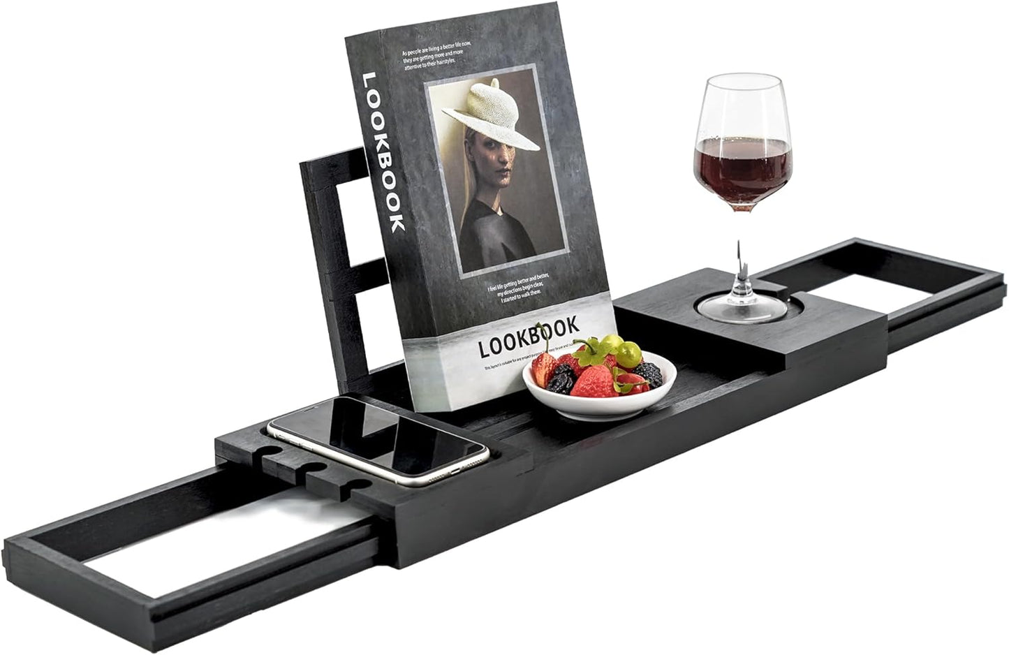 Utoplike Bamboo Bathtub Tray Black, Adjustable Bath Caddy Table for Tub, Bathroom Organizer with Book Tablet Wine Glass Cup Towel Holder