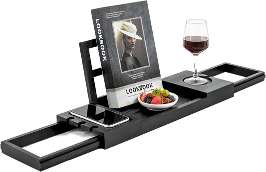 Utoplike Bamboo Bathtub Tray Black, Adjustable Bath Caddy Table for Tub, Bathroom Organizer with Book Tablet Wine Glass Cup Towel Holder