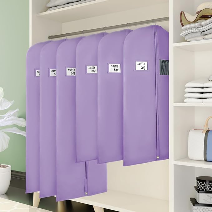 KEEGH Garment Bags for Hanging Clothes 60" (Set of 6) Dress Bags for Gowns Long Dress Bags for Closet Storage with Zipper and Eye-Hole for Folding for Suit Coats Dresses, Purple