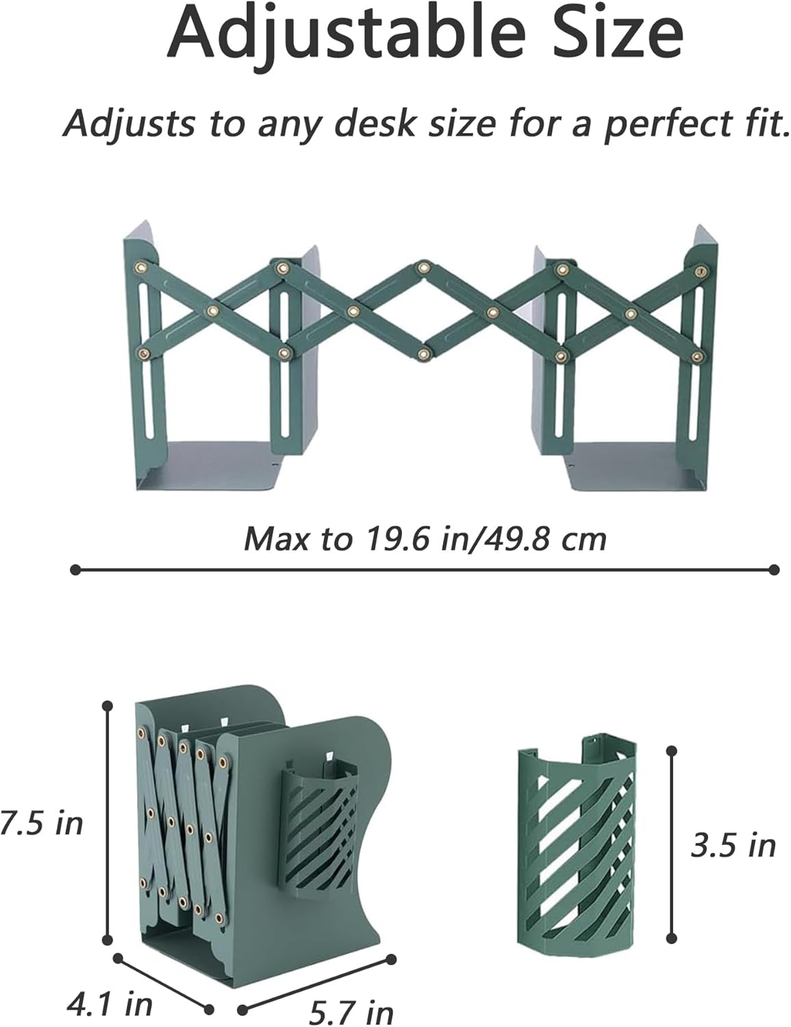 Kingsmile Book Ends, Adjustable Bookends for Shelves, Metal Bookends for Heavy Books, Book Stopper Organzier with Pen Holder for Desk, Kids Room, Office, Classroom, Library, Study Room.(Green)