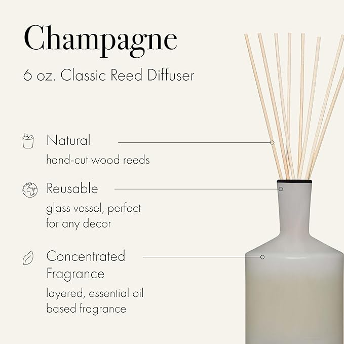 LAFCO New York Classic Reed Diffuser, Champagne - 6 oz - Up to 3 Months Fragrance Life - Reusable, Hand Blown Glass Vessel - Natural Wood Reeds - Made in The USA