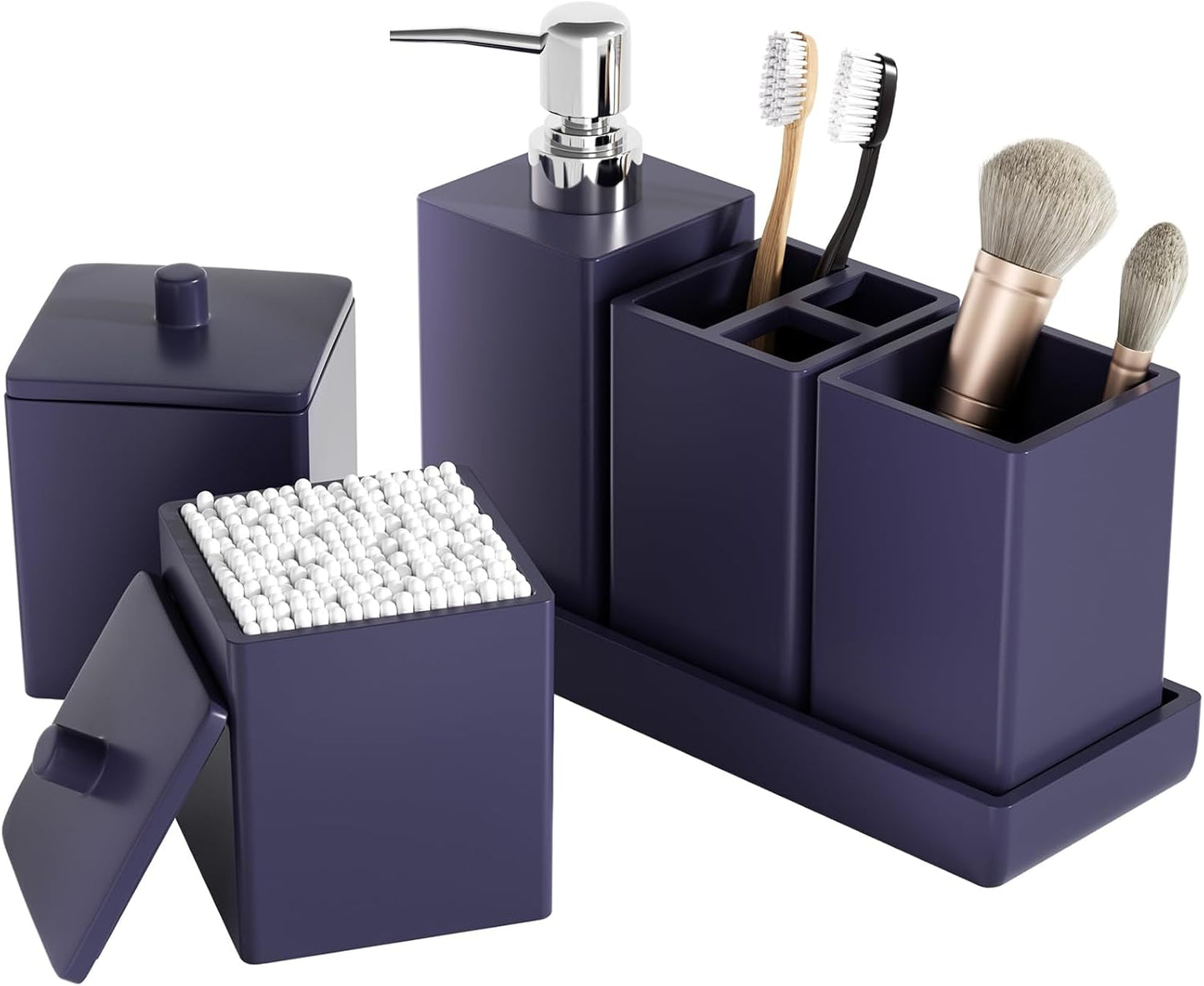 Navy Blue Bathroom Accessories Set Resin 6PCS, Square Toothbrush Holders Set Complete with Soap Dispenser, Vanity Tray, Tumbler, Cups and Cotton Swab Jars for Counter, Sink or Small Spaces