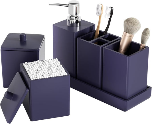 Navy Blue Bathroom Accessories Set Resin 6PCS, Square Toothbrush Holders Set Complete with Soap Dispenser, Vanity Tray, Tumbler, Cups and Cotton Swab Jars for Counter, Sink or Small Spaces