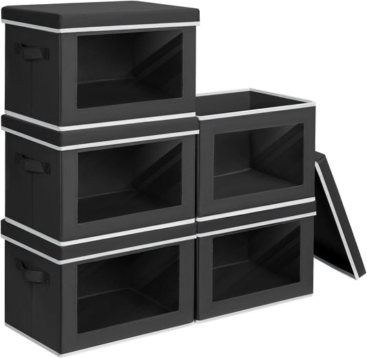 Stackable Storage Bins with Lids - Large Decorative Basket with Lids, Fabric Foldable Closet Organizer Bins, Shelf Organizer for Living Room, Dorm, 5 Pack, Black