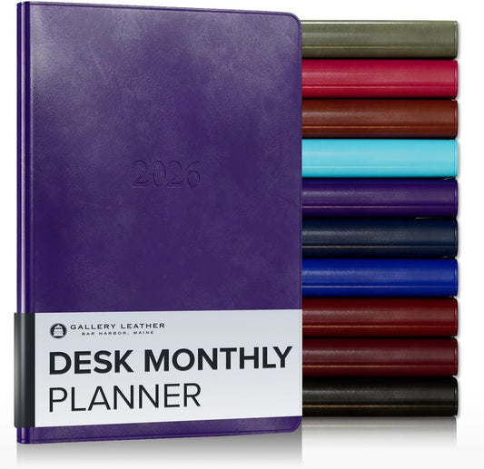 Gallery Leather Desk Monthly Planner 2025-2026, Elegantly Bound Calendar Planner and Notebook with Stylish Gold-Gilded Page Edges, 18 Months - Acadia Plum - 8x5.5”