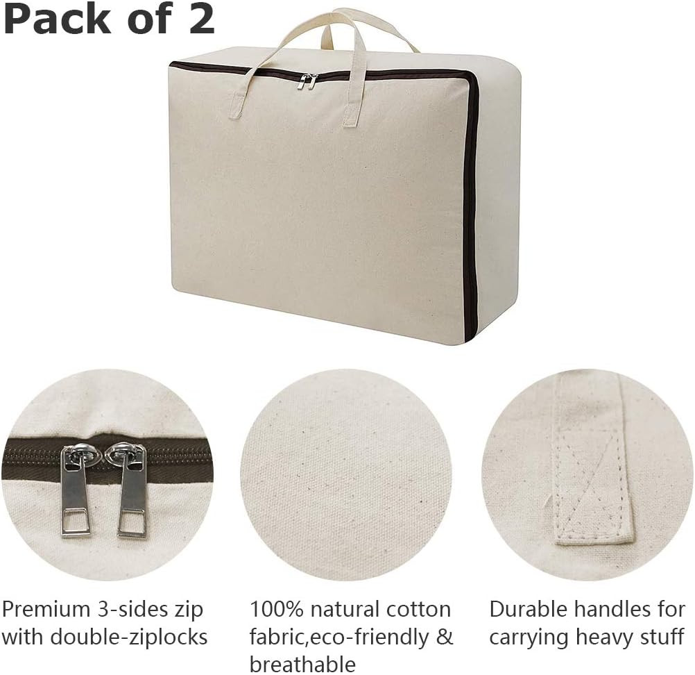 Breathable Canvas Cotton Soft Storage Bags with Handles & 3-side Zip, Good for Cotton Clothes Bedding Organizer Bins, Beige, 3pcs