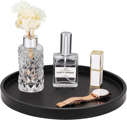 Emibele Vanity Tray, Resin Round Tray Decorative Storage Organizer for Bathroom Toilet Tank Bedroom Kitchen Countertop, Jewelry Storage Dresser Tray for Candle,Lotion Bottle,Cosmetics, Matte Black