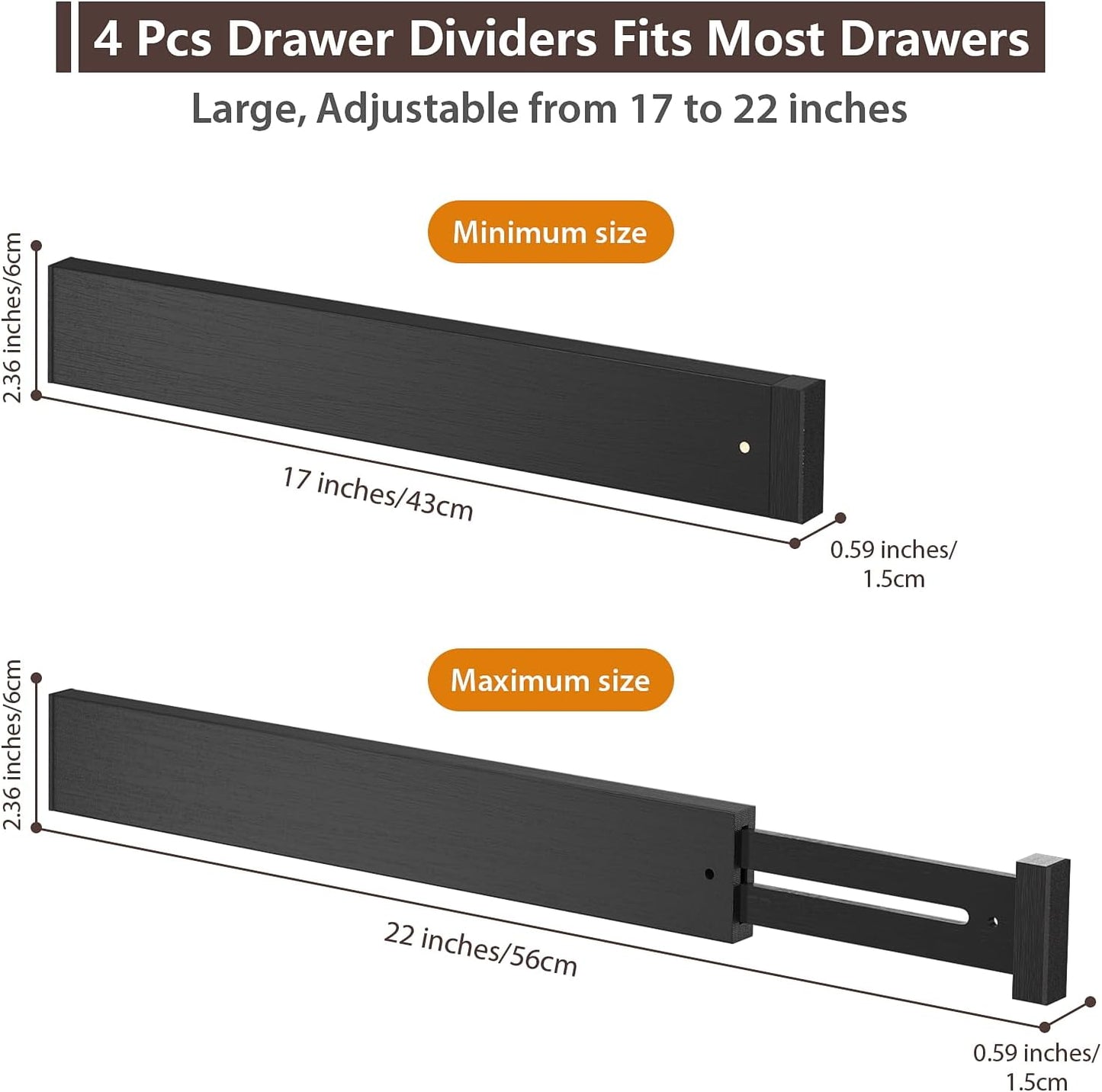 4 PCS Drawer Divider, 17"-22" Adjustable Bamboo Drawer Dividers Organizers, Expandable Separators for Kitchen, Clothes, Dressers, Home, Office, Black