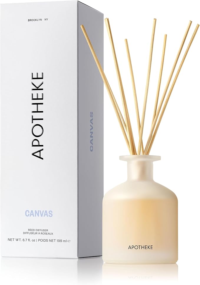 Apotheke Luxury Scented Reed Diffuser for Home, Canvas - 6.7 Fl Oz Essential Oil Aromatherapy - 10 Rattan Scent Sticks Room Diffuser - Long-Lasting Fragrance for Bedroom, Home, Bathroom