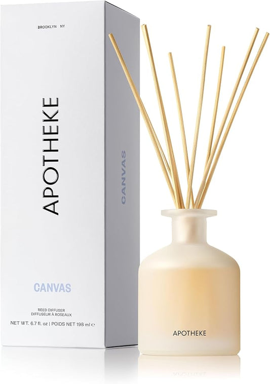 Apotheke Luxury Scented Reed Diffuser for Home, Canvas - 6.7 Fl Oz Essential Oil Aromatherapy - 10 Rattan Scent Sticks Room Diffuser - Long-Lasting Fragrance for Bedroom, Home, Bathroom