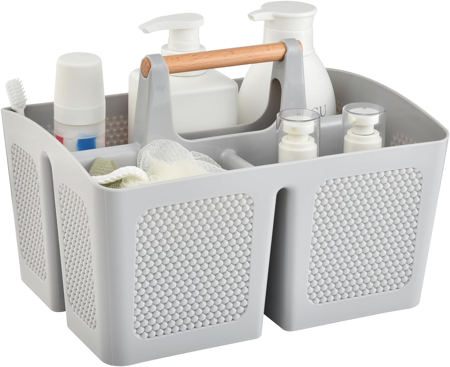 Haundry Plastic Light Gray Shower Caddy Basket with 3 Compartments, Portable Divided Bathroom Cleaning Caddy Organizer Storage Tote with Handle for Dorm, College, Room Essentials