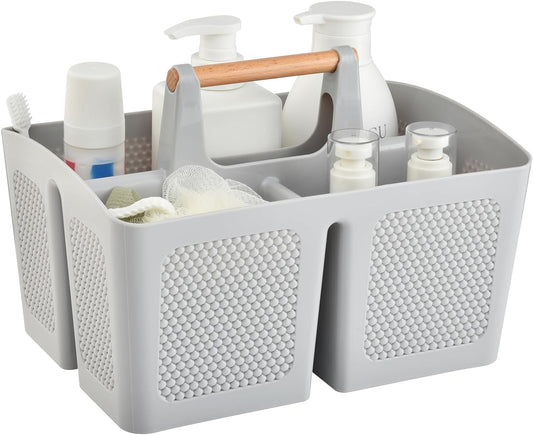 Haundry Plastic Light Gray Shower Caddy Basket with 3 Compartments, Portable Divided Bathroom Cleaning Caddy Organizer Storage Tote with Handle for Dorm, College, Room Essentials