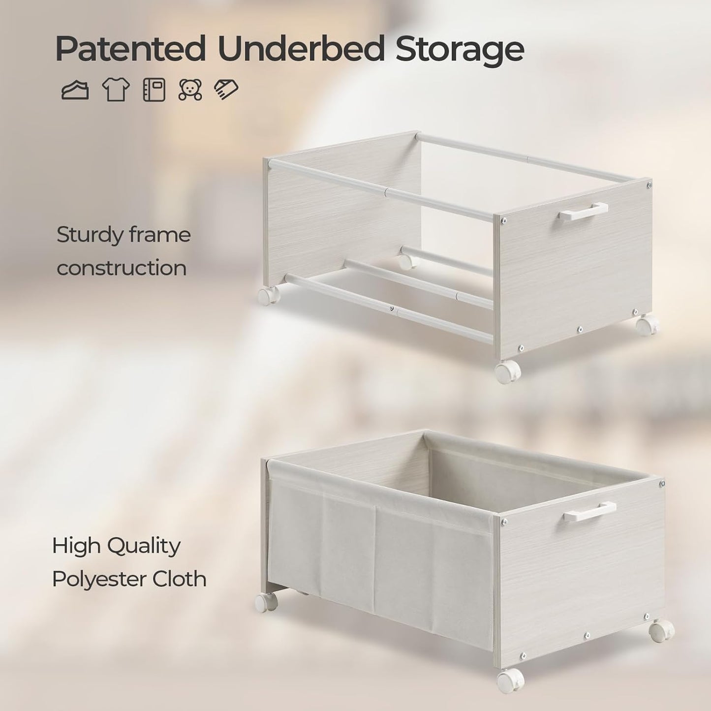 Under Bed Storage with Wheels, Wooden Under Bed Drawers On Wheels, Rolling Under Bed Shoe Storage, Space Saving,White,70L