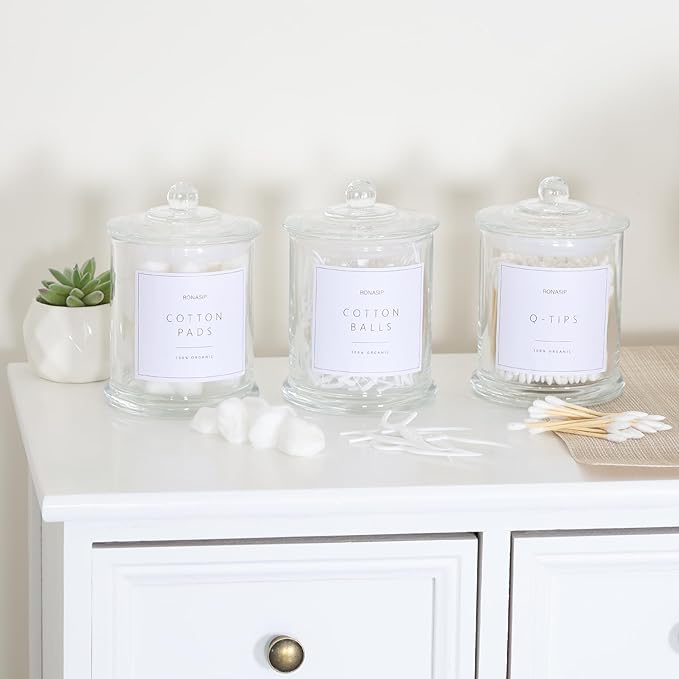 3 Pack Qtip Holder Dispenser, 16oz Bathroom Organizer and Storage Canisters, Glass Apothecary Jars with Lid - Home Decor, Room Decor Aesthetic(Transparent)