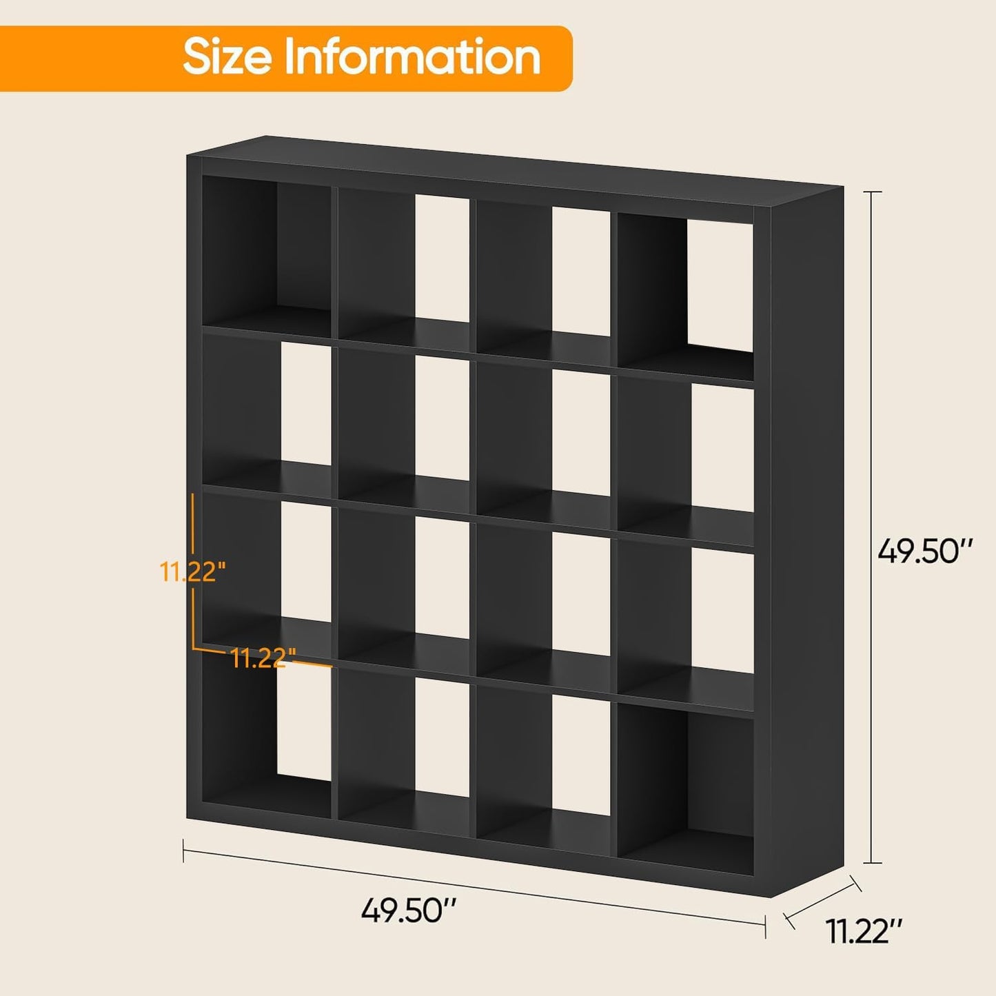 furtble Bookshelf with Storage Bins, 16-Cube Storage Organizer with Back Panels, Modern Wood Open Bookcase, Multifunctional Display Shelf for Living Room, Bedroom, Home Office, Black