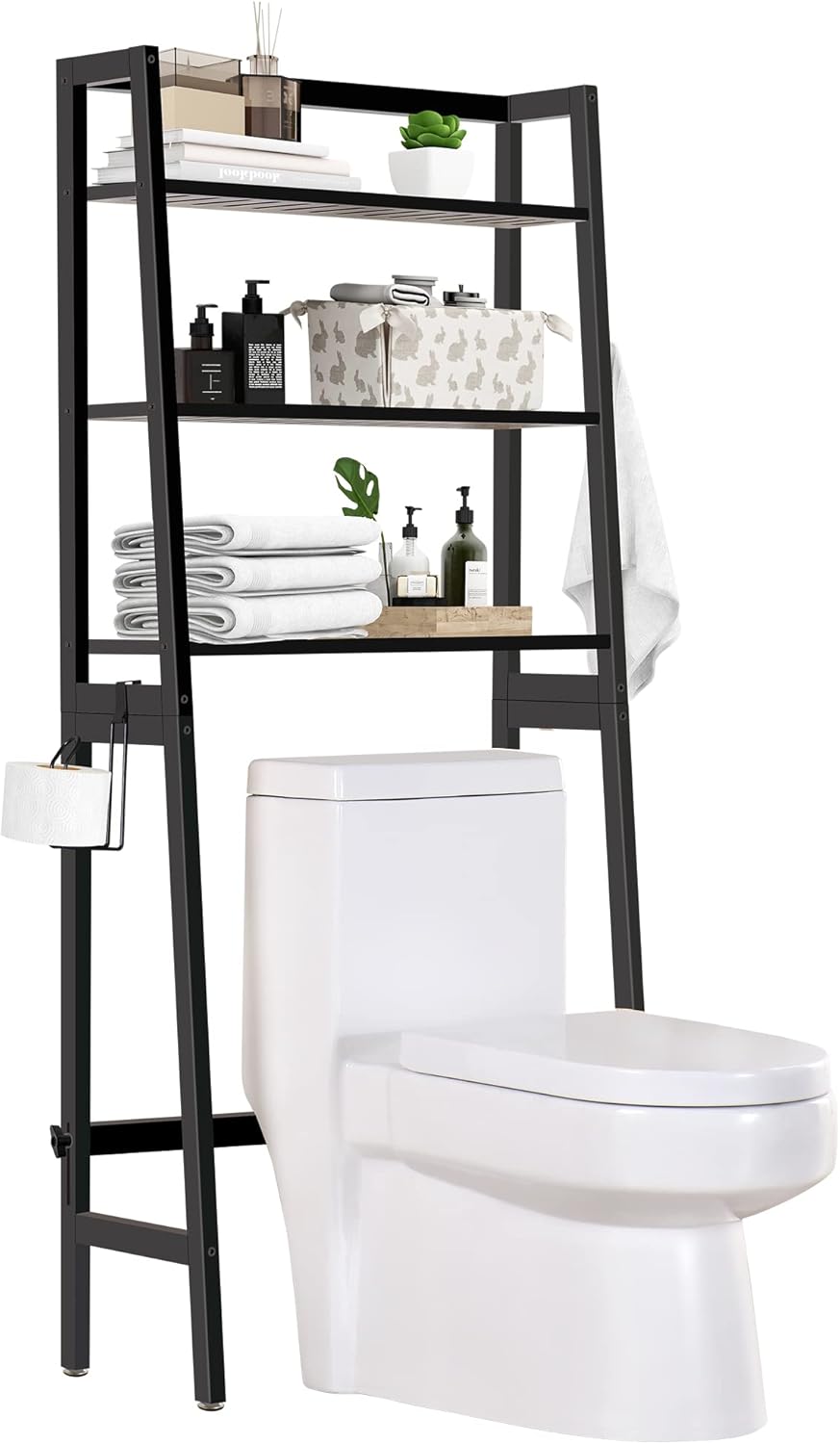 MallKing Over The Toilet Storage, Wooden 3-Tier Over-The-Toilet Rack Bathroom Space Saver Organizer, Freestanding Above Toilet with Toilet Paper Holder and Hooks (Black)