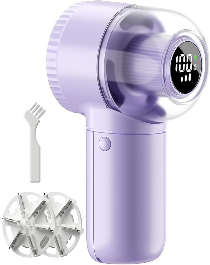 coldSky Fabric Shaver, 𝟮 𝗶𝗻 𝟭 Lint Remover with Brush, 1200mAh Sweater Shaver with Digital Display,3 Speeds Lint Shaver, 6-Leaf Blades Lint Remover for Clothes, Sofa, Bedding,Purple
