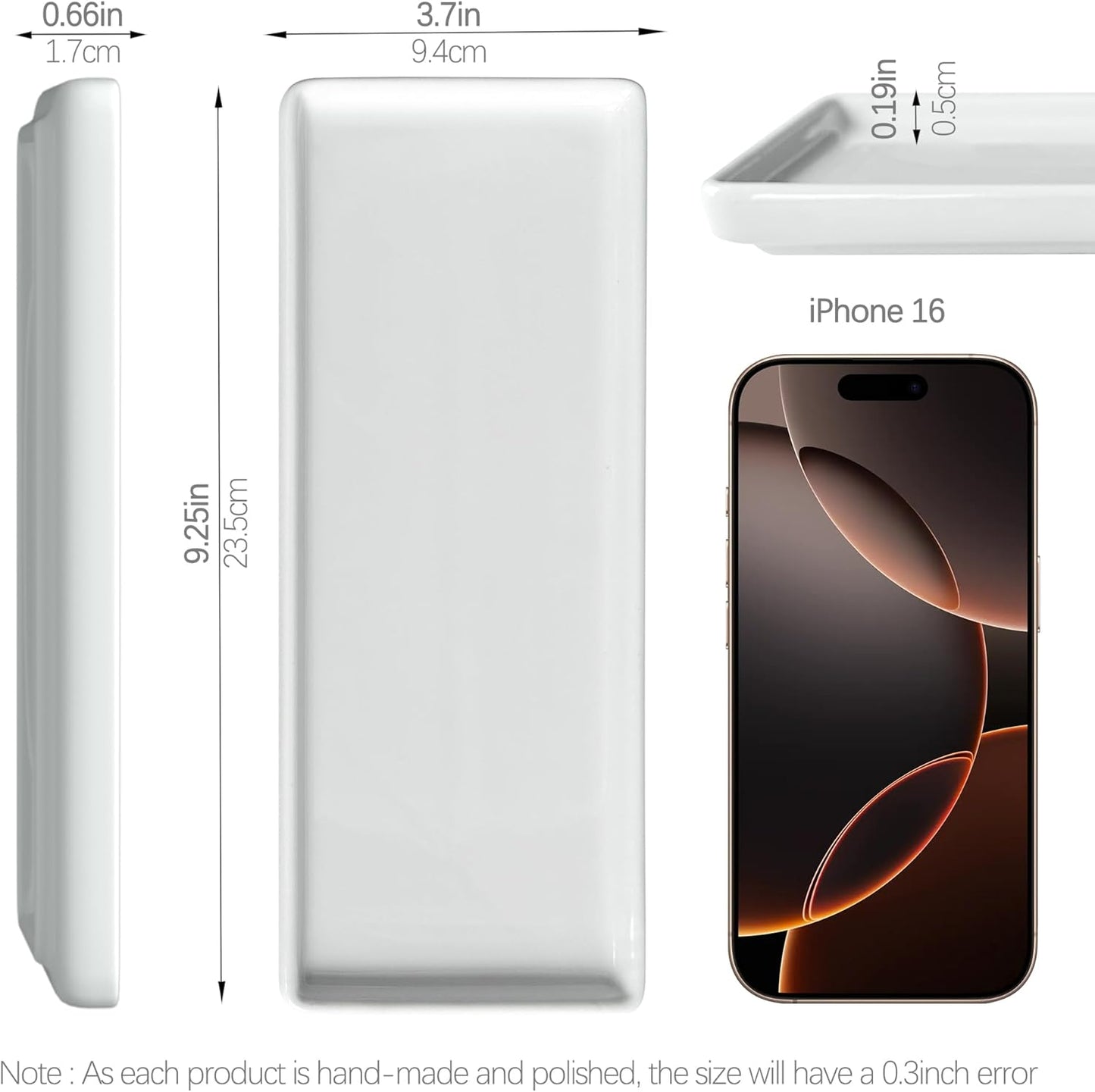 Premium Ceramic Bathroom Tray – Sleek Non-Slip Organizer for Shower, Countertop, Vanity | 9.25x3.66inch | Easy-Clean, Corrosion-Resistant