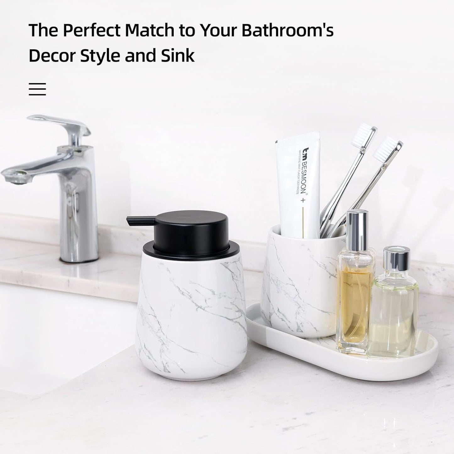 BosilunLife Bathroom Accessories Set 3 pcs - Bathroom Ceramic Foaming Soap Dispenser Set Farmhouse Marble Bathroom Decor, Foam Soap Dispenser and Toothbrush Holder/Tumbler Cup, Tray