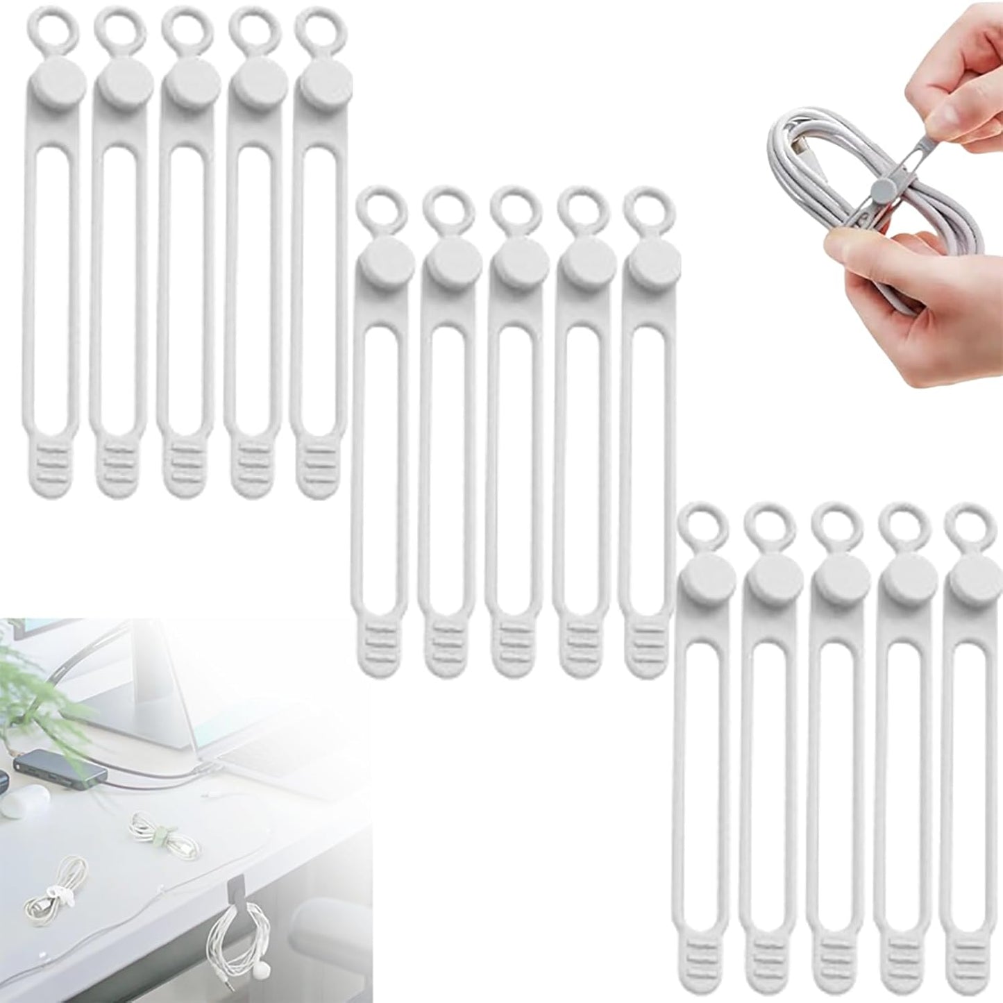 Silicone Cable Ties, 2024 New Data Cable Organizer Silicone Cable Ties Reusable Cable Management Organizer Multipurpose Cable Management for Travel/Portable/Office/Home Desk (White, 15 Pcs)