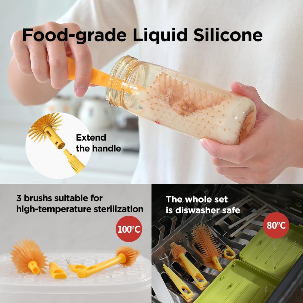 YOTIME Travel Bottle Brush, Travel Bottle Cleaner Kit with Foldable Bottle Drying Rack, for Visit Friends and Relations, Baby Travel Essentials, BPA Free, Green