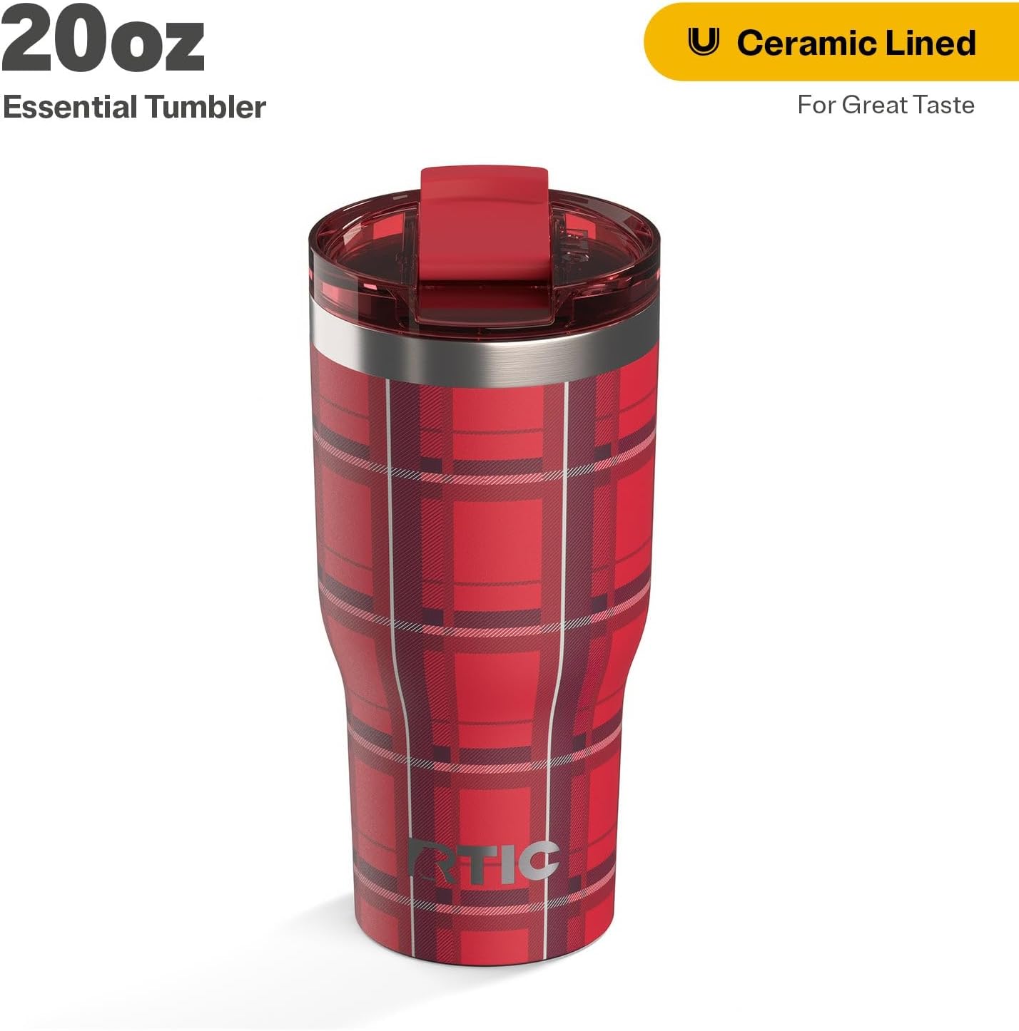 RTIC 20oz Essential Tumbler with Lid, Ceramic Lined, Insulated, Stainless Steel, Metal, Double Wall Vacuum-Insulation, Travel Cup for Iced Coffee, Tea, Hot and Cold Drink, Red Plaid