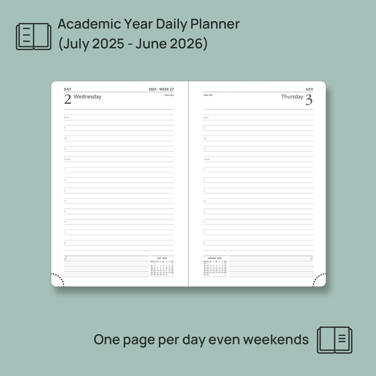 POPRUN 2025-2026 Daily Planner One Page Per Day (Medium - 5.75'' x 8.5'') - Academic Calendar (July 2025 - June 2026), 2025 Day Appointment Book with Monthly Tabs, Hardcover - Midnight Green