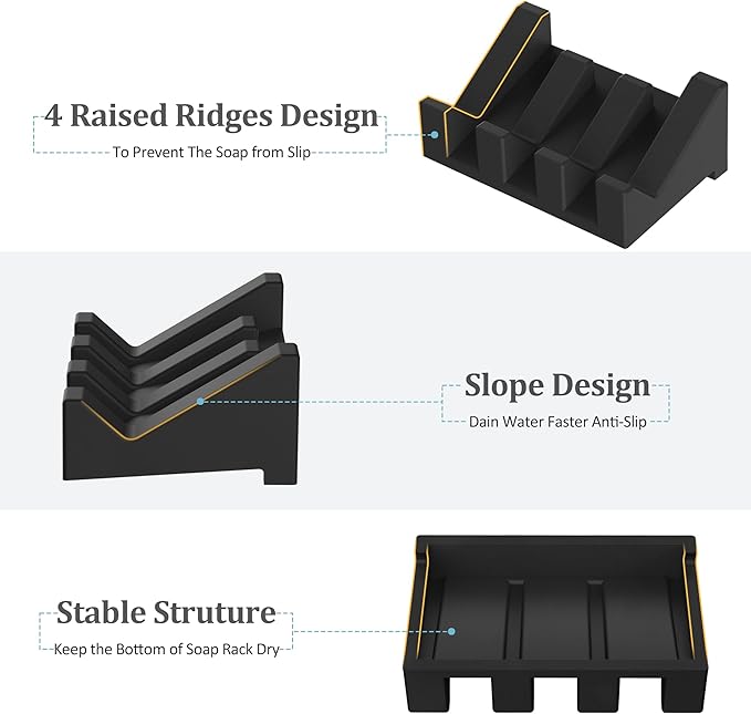 Silicone Soap Dish - 1 PCS Extended Self Draining Soap Holder for Shower, Bathroom and Bathtub with Drainage - Black