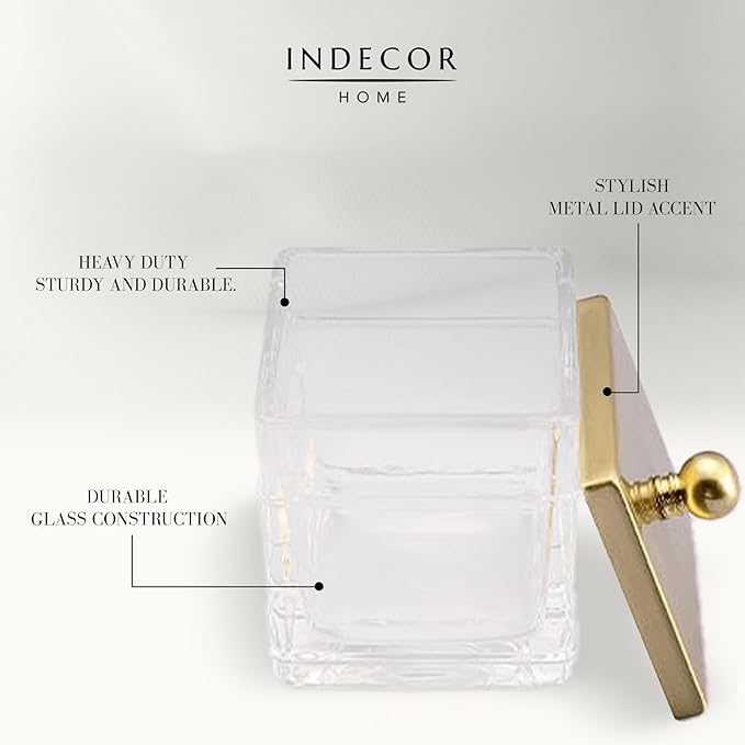 Clear Transparent Hotel Style Apothecary Tempered Glass Canister Jar W/ Gold Metal Lid Cover, Classic Countertop Organizer for Cotton balls/pads, Floss Picks, Makeup Storage