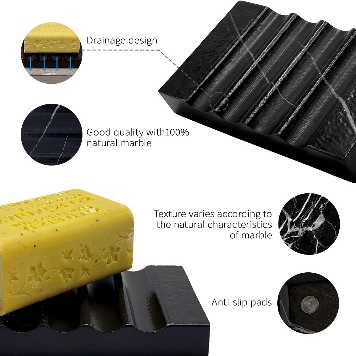 Real Matte Black Marble Soap Dish for Bathroom Sink & Shower Stone Tray Small Unique Bar Soap Holder with Draining | Non-Slip, Luxury Bath Room Accessories