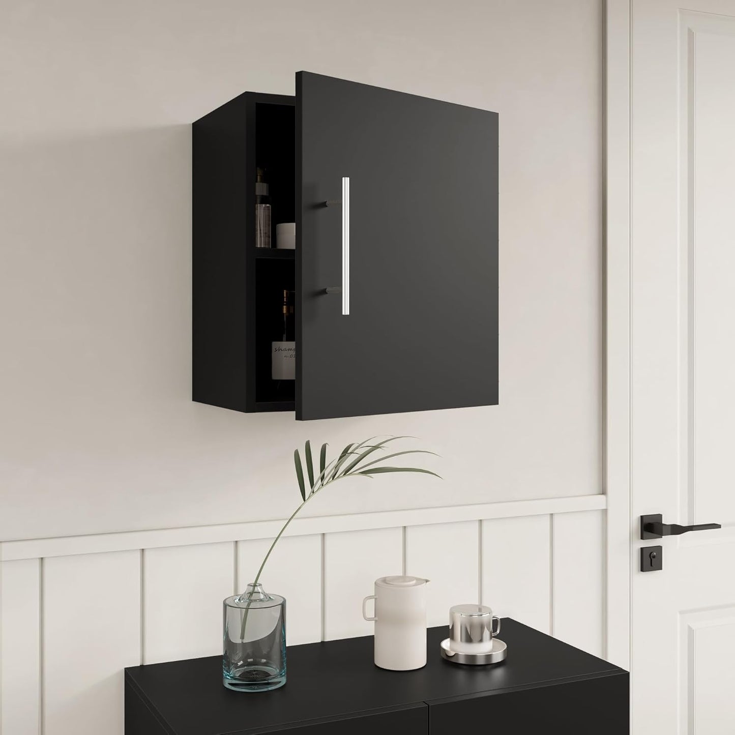 Small Wall Cabinet, 18" W x 12" D x 20" H Wooden Wall Mounted Storage Cabinet, 1 Door Cabinet with Soft Close and Metal Handle and Adjustable Shelf, for Kitchen, Garage, Laundry, Bathroom, Black
