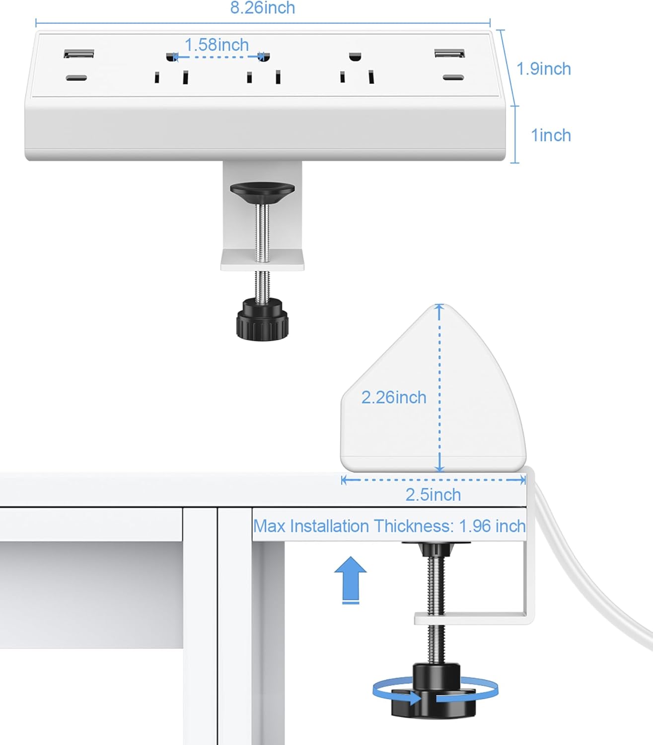 Jgstkcity Desk Clamp Power Strip,40W Total Fast Charging Station,2 PD 20W USB C Ports,Desk Edge Mount Surge Protector for Home, Office,3 Outlets,Fit 1.96" Tabletop Edge,ETL Listed,White