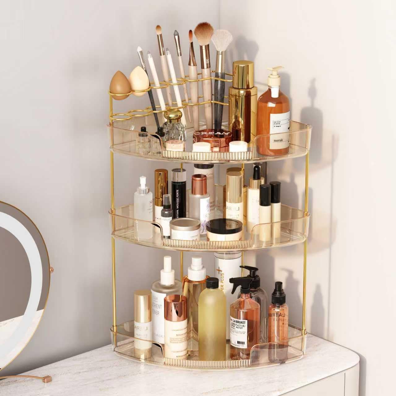 FELIZHOUSE 3-Tier Corner Bathroom Counter Organizer, Bathroom Countertop Shelf Makeup & Skincare Storage with Brush Holder for Vanity, Dresser, Kitchen - Amber